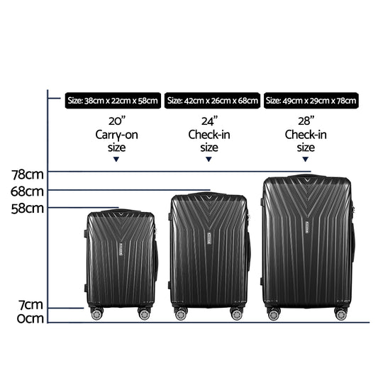 Wanderlite 3 Set Luggage 20-24-28 Inch Suitcase with TSA Lock Carry On Hard Shell Travel Luggage Organiser Case Black