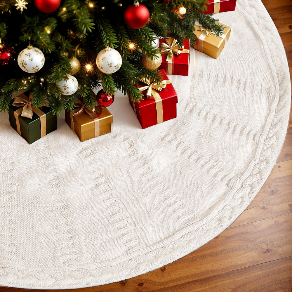 Jingle Jollys Christmas Tree Skirt 120cm Knitted Xmas Tree Ornaments Decor Beige
