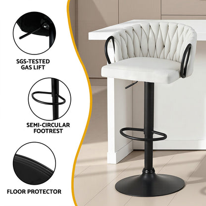 Artiss Bar Stool x2 Kitchen Dining Chair Counter Gaslift Woven Velvet Ivory