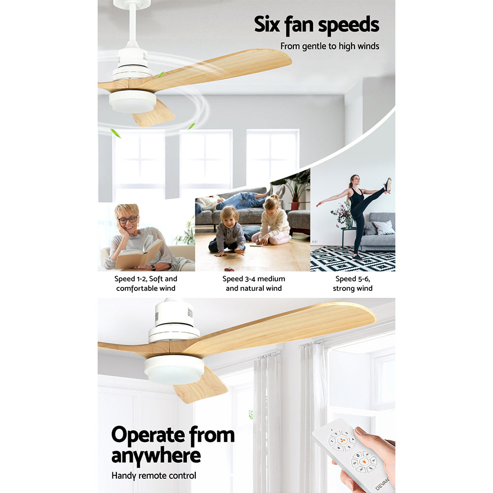 Devanti 52'' Ceiling Fan DC Motor LED Light Remote - Light Wood