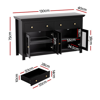 Artiss Buffet Sideboard Storage Cabinet Kitchen Cupboard Clear Door Drawer Black