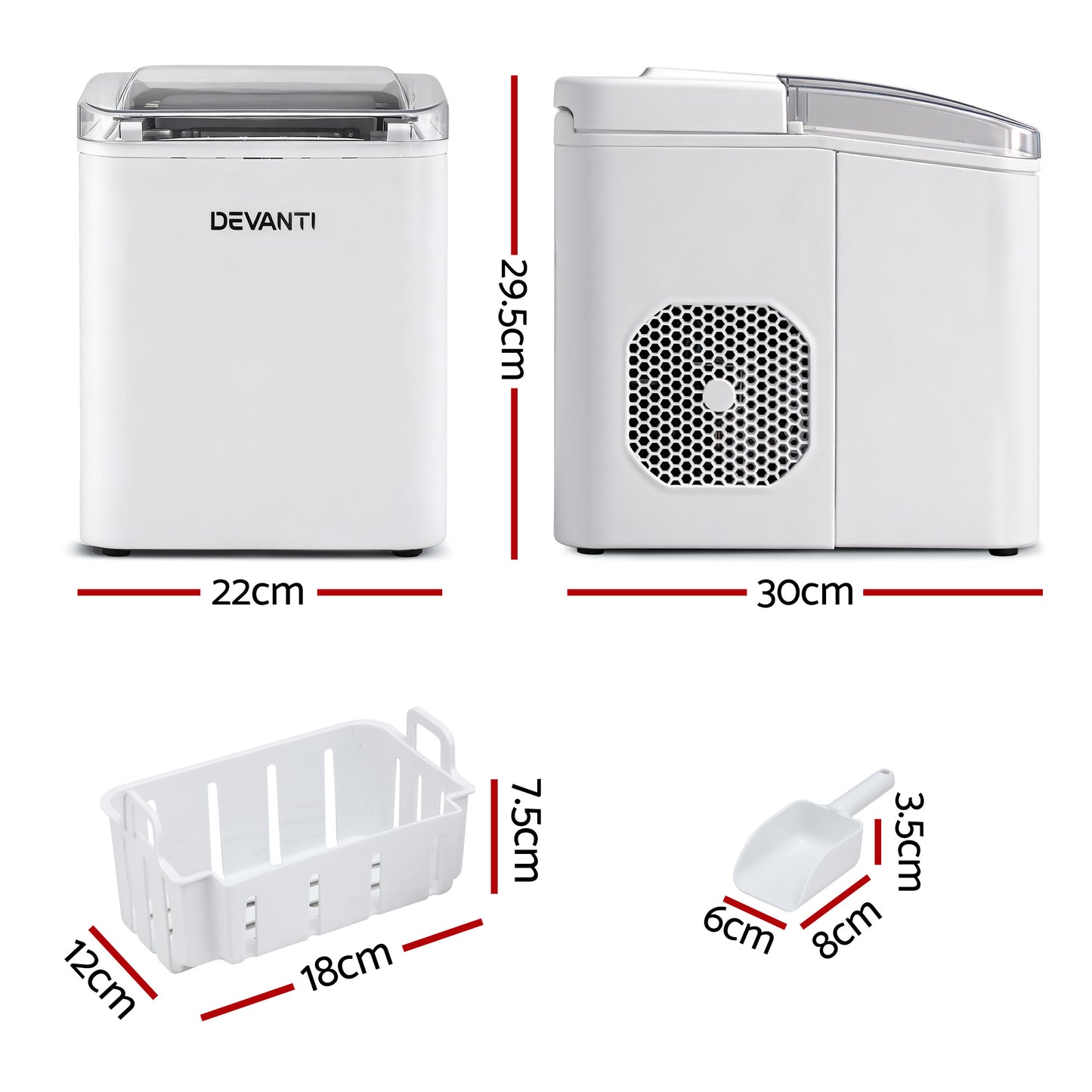 Devanti Ice Maker Machine Portable 12kg Countertop w/Self Cleaning 1.2L White