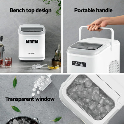 Devanti Ice Maker Machine Portable 12kg Countertop w/Self Cleaning 1.3L White