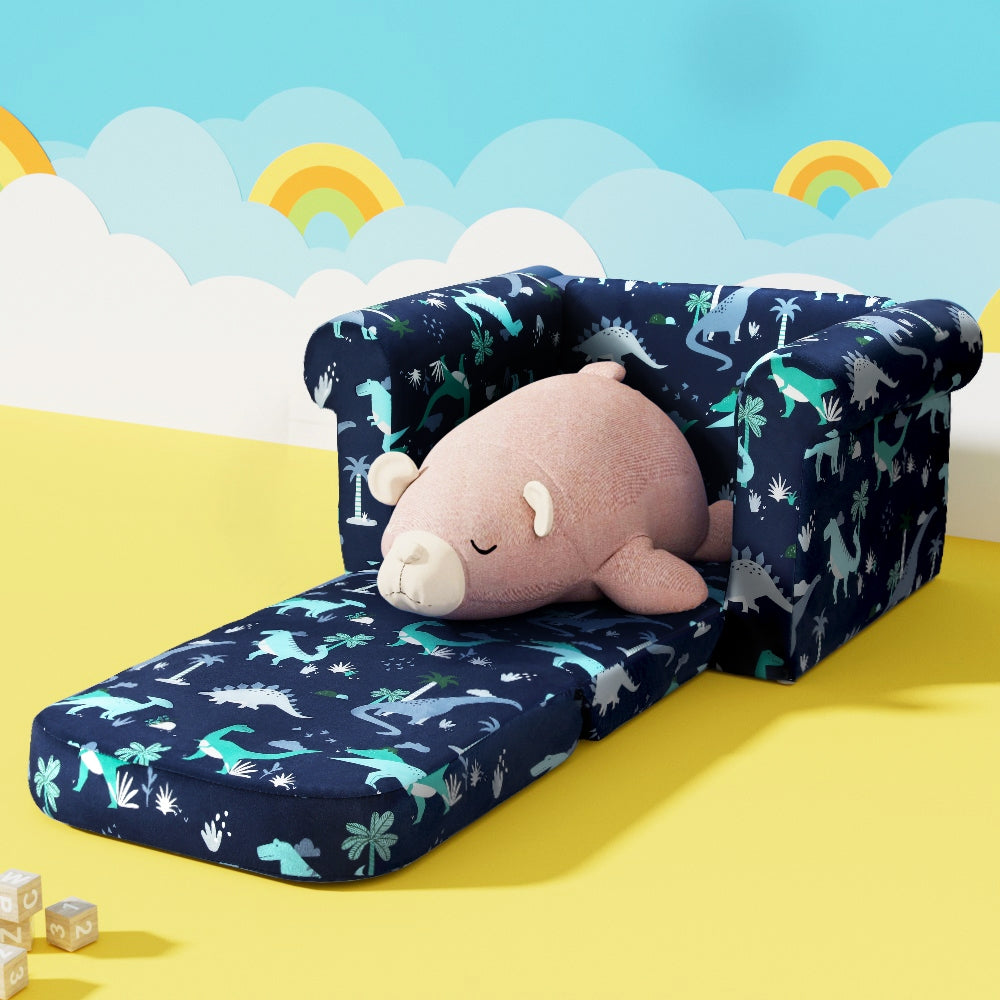 Keezi Kids Sofa 1 Seater Children Flip Open Couch Lounger Armchair Dinosaur Navy
