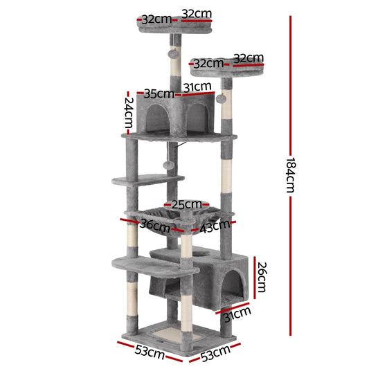 i.Pet Cat Tree 184cm Tower Scratching Post Trees Scratcher Condo House Light Grey