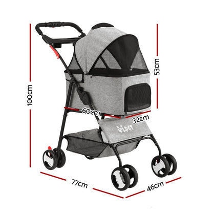 i.Pet Pet Stroller Dog Pram Cat Carrier Travel Large Pushchair Foldable 4 Wheels Grey
