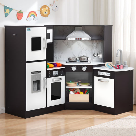 Keezi Kids Wooden Kitchen Playset 29pc Food Set Black White