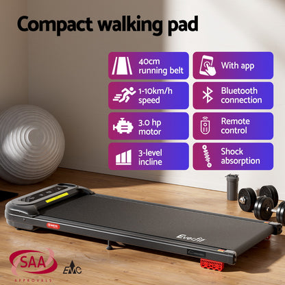 Everfit Treadmill Electric Walking Pad with Incline Under Desk Home Gym Black
