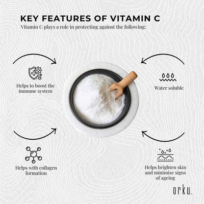 Orku 10g Vitamin C Powder Pure L-Ascorbic Acid - USP Grade Non-GMO