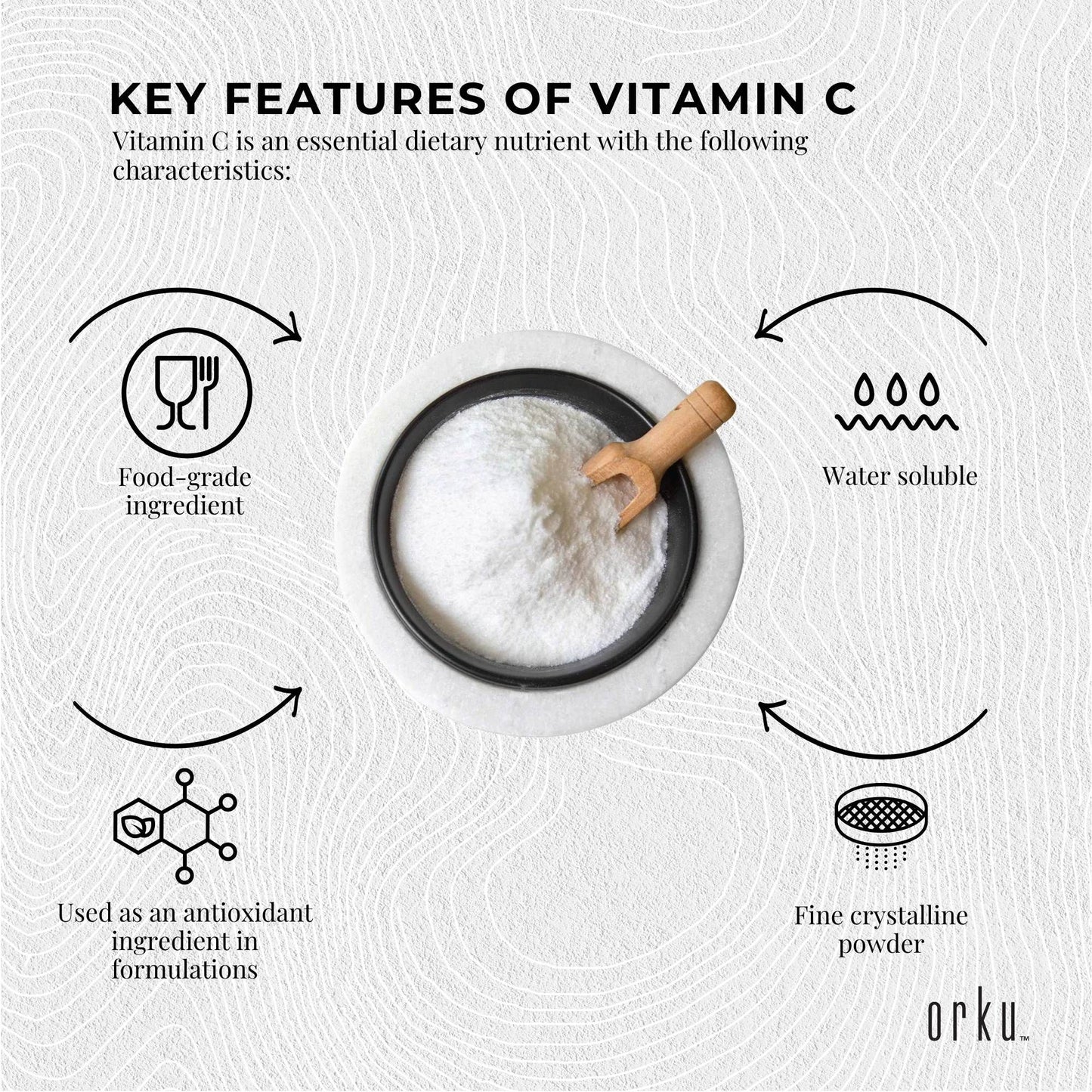 Orku 1Kg Vitamin C Powder Pure L-Ascorbic Acid - USP Grade Non-GMO