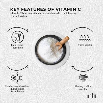 Orku 1Kg Vitamin C Powder Pure L-Ascorbic Acid - USP Grade Non-GMO