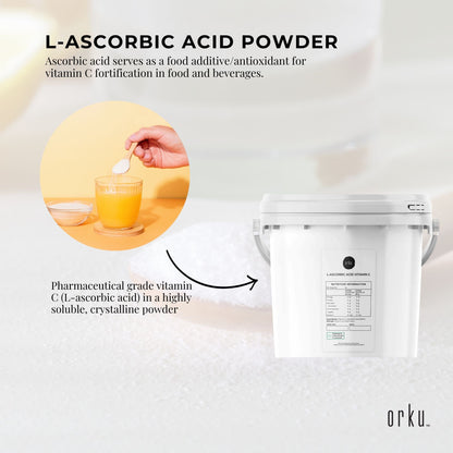 Orku 5Kg Vitamin C Powder in Tub Pure L-Ascorbic Acid - USP Grade Non-GMO