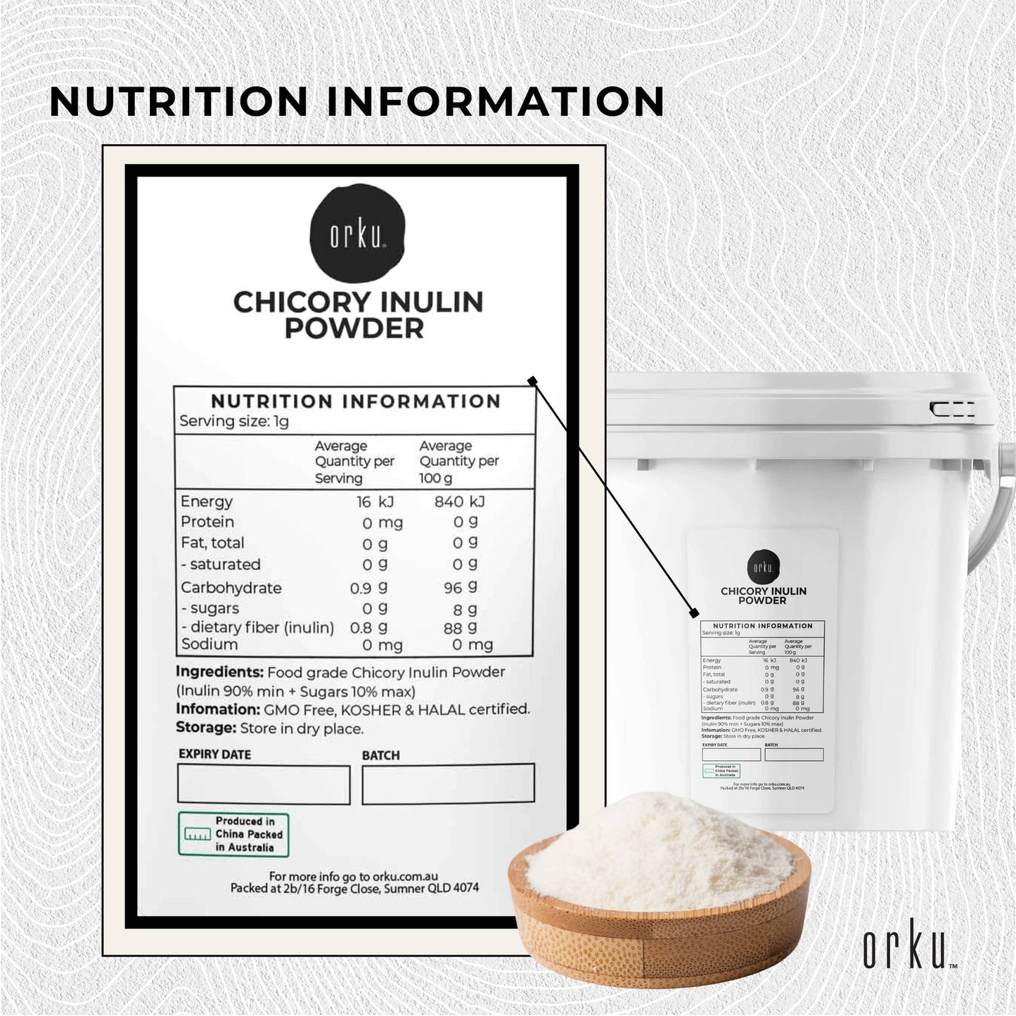 Orku 800g Chicory Root Inulin Powder Tub - Unflavoured Natural Prebiotic Fibre