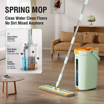 Premium Microfiber Flat Mop Bucket Set w/ Clean & Dirty Water Separation 360 Degree - Light Green