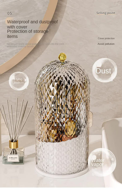 Black Elegant 360 Rotating Makeup Brush Holder & Cosmetic Organizer with Dustproof Dome Lid(Makeup is a prop for shooting and is not included)