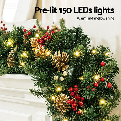 Jingle Jollys 1.8M Christmas Garland Pre-lit LED Pine Cones Berries Xmas Decor