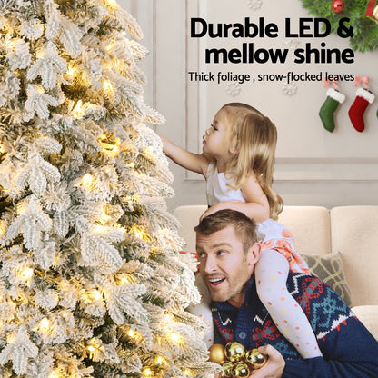 Jingle Jollys Christmas Tree 2.1m Flocking Pencil Tree LED Xmas 860 Tips White
