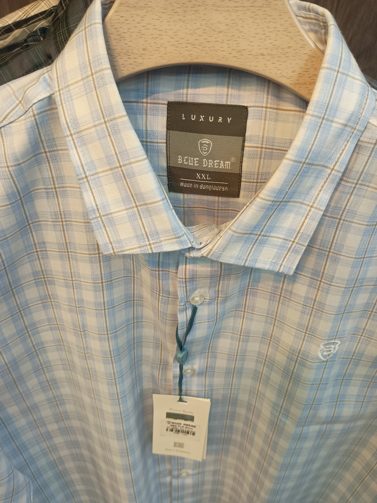 BLUE DREAM light blue check long sleeve shirt label and front